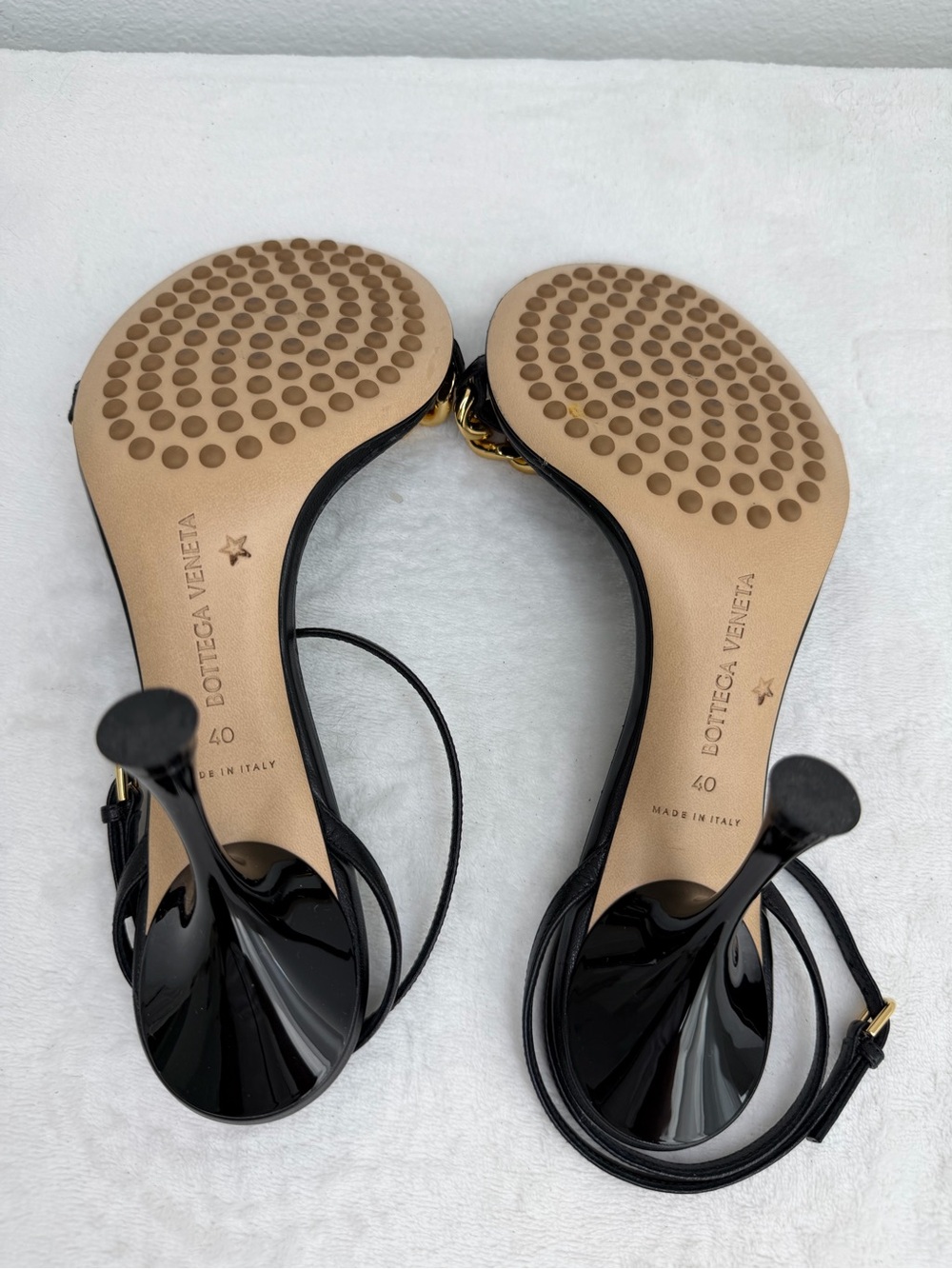Bottega Veneta Black Ankle-Strap Sandals with Gold Chain - Picture 9 of 9